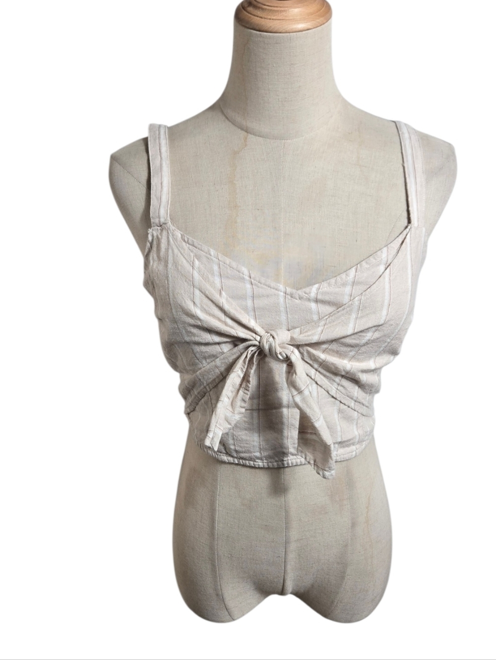 Abercrombie & Fitch Cream Linen Blend Tie-Front Cropped Tank